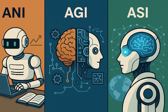 An illustration showing the three levels of AI: ANI (a simple robot performing a task), AGI (a human and robot brain combined), and ASI (a superintelligent android).