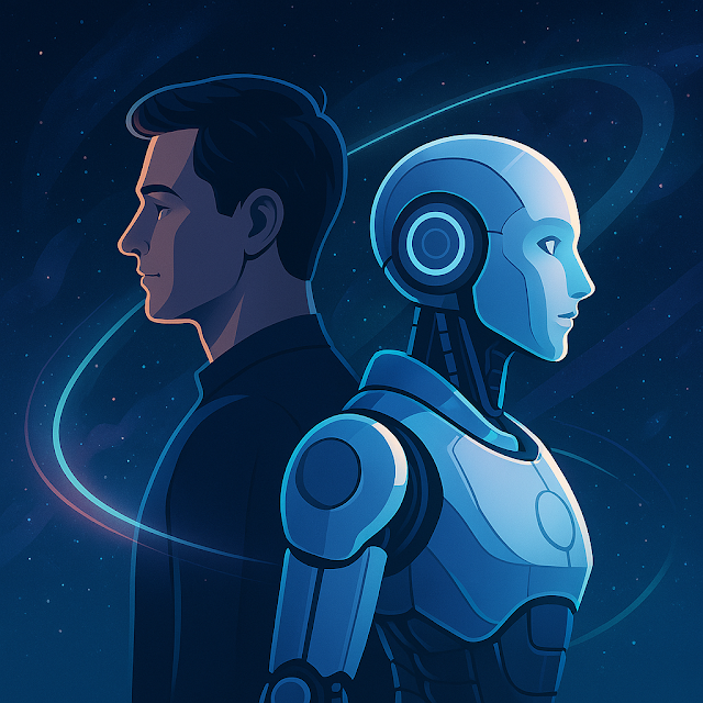 A futuristic illustration of a human and a robot standing back-to-back, symbolizing the partnership between humans and Artificial Intelligence (AI) as the co-pilots of tomorrow