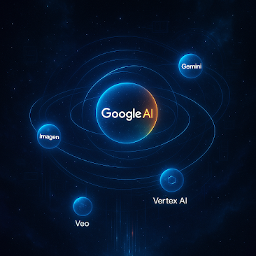 A graphic of the Google AI ecosystem, showing tools like Gemini, Veo, Vertex AI, and Imagen connected to a central Google AI hub.