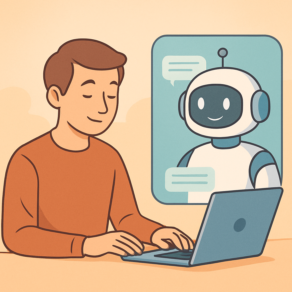 A man happily chatting with a friendly AI companion on his laptop, representing AI's role in redefining companionship.