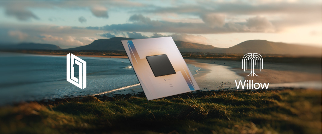 A promotional image for Google's Willow Chip, showing the quantum processor and Willow logo over a scenic landscape, representing a quantum leap in AI and computing.