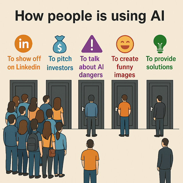 An illustration showing how people are using AI, contrasting hype with practical applications. Crowds enter doors for 'showing off on LinkedIn' and 'pitching investors,' while few enter doors for 'providing solutions,' critiquing current AI trends.
