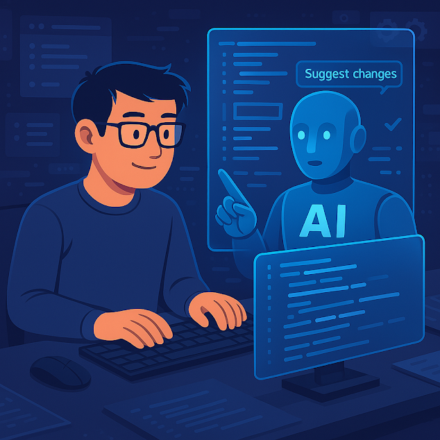 An illustration of a developer working with an AI assistant, representing Microsoft's Code Researcher improving developer productivity.