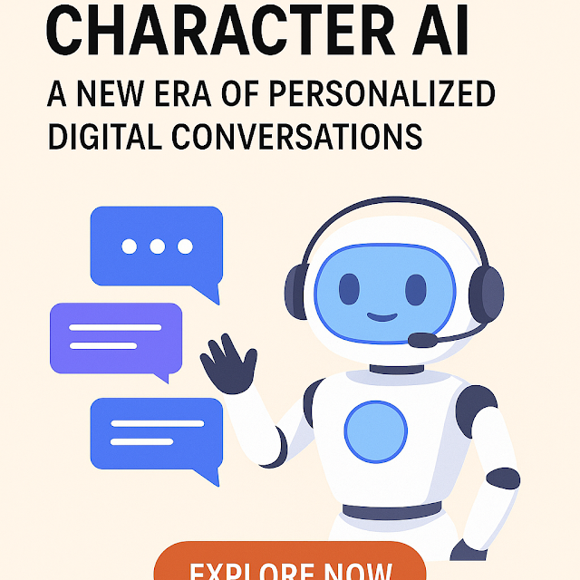 A promotional image for Character AI featuring a friendly robot mascot and the text 'Character AI: A New Era of Personalized Digital Conversations'.