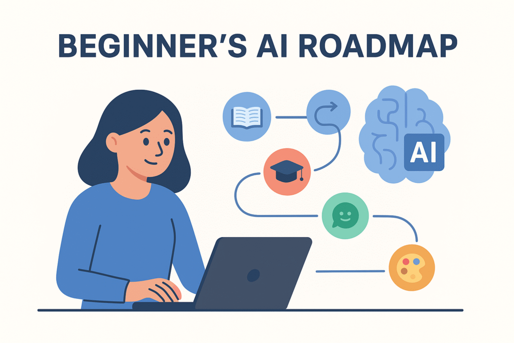 Beginner’s AI roadmap infographic showing simple AI terms with definitions and examples