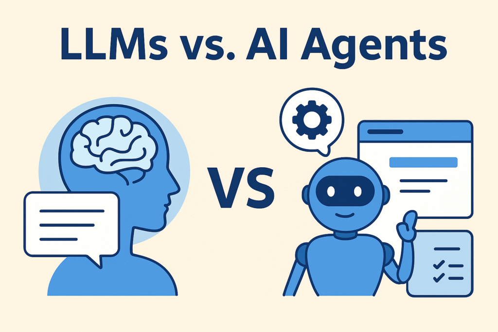 Illustration contrasting Large Language Models (LLMs) with AI Agents, showing text generation vs. autonomous task execution.